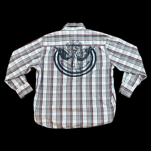 Vintage Southpole Shirt Mens Red Gray White Plaid Button Down Graphic Y2K Sz XL - Picture 1 of 11